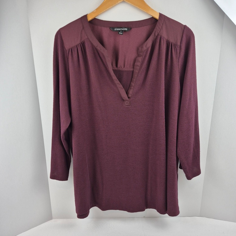 41 Hawthorn Burgundy Textured V Neck 3/4 Sleeve Tunic Top Plus‎ Size 1X